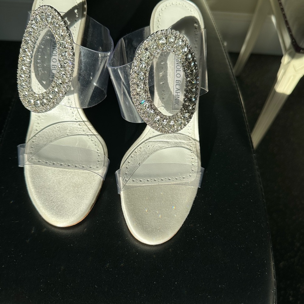 Manolo Blahnik white satin PVC slides with Crystal Embellished Heels. 4.75” high